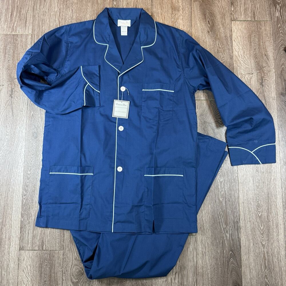 VTG Christian Dior Pyjama Set Mens M Blue Pajamas 2 Piece Lounge Sleepwear 80s